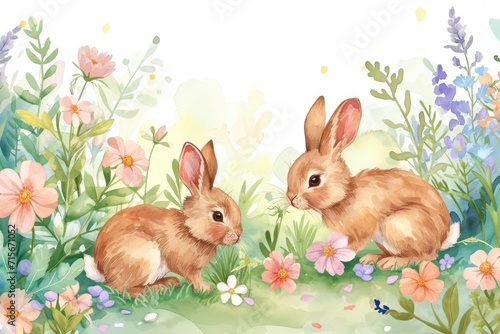 Bunnies in a Pastel Watercolor Floral Landscape. Two bunnies surrounded by pastel watercolor flowers in a dreamy landscape.