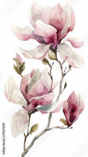 Watercolor Magnolias in Bloom Illustration. Delicate magnolias in various bloom stages  painted in watercolor.