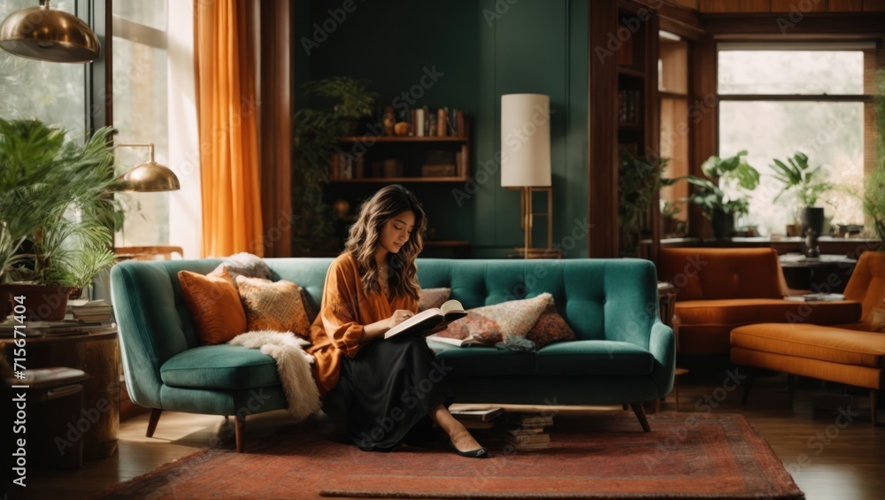 girl reading while sitting on the sofa