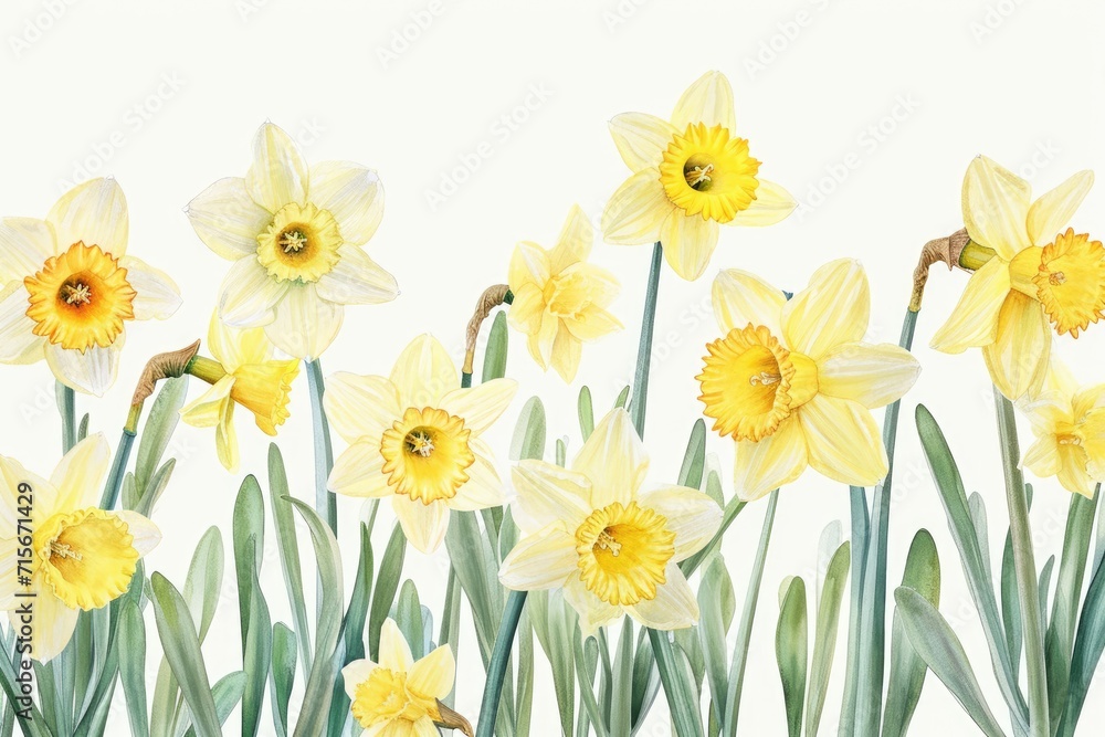 Lush Daffodils in Watercolor Illustration. A lush cluster of watercolor daffodils exuding the essence of spring vitality.