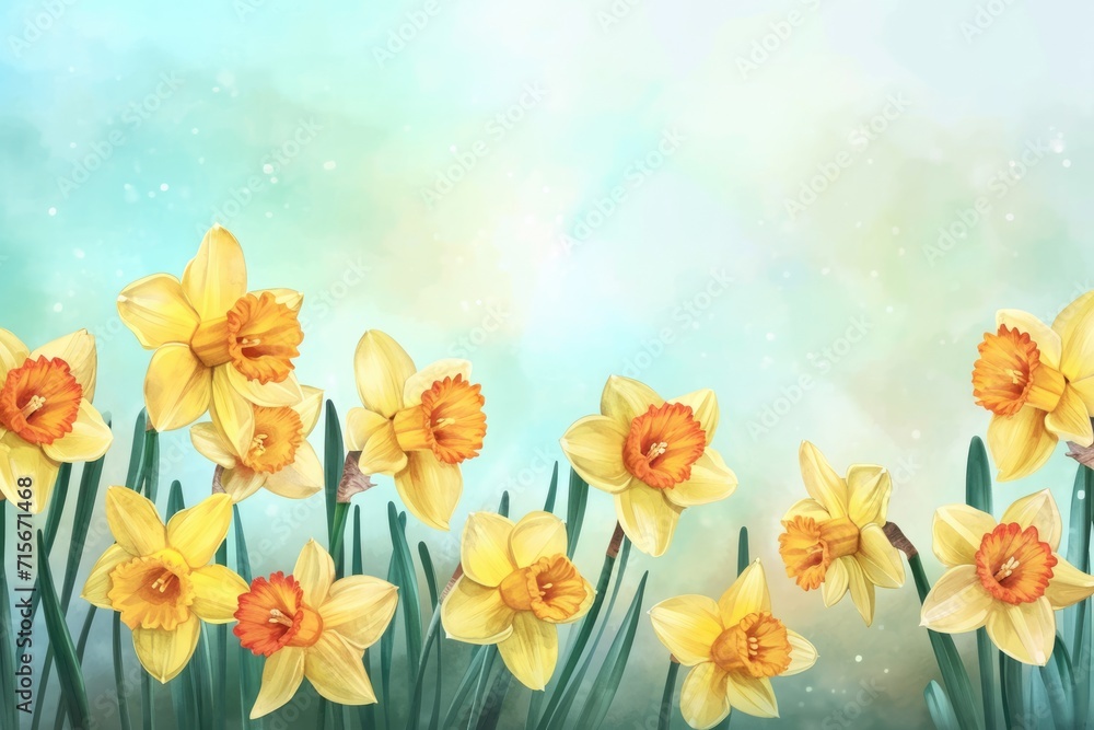 Sunlit Daffodils on Misty Spring Morning. Vibrant daffodils bask in soft sunlight against a dreamy springtime backdrop.