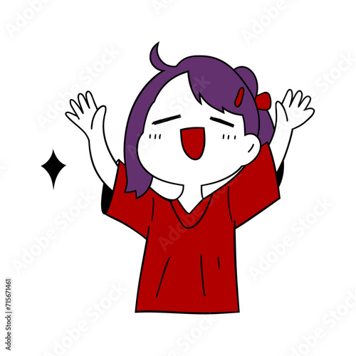 a cartoon girl with purple hair and a red shirt