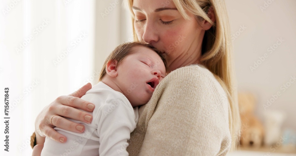 Love, mother and baby in nursery for sleeping, bonding and touch or cuddle with support or care. Woman, mom or holding newborn in bedroom with bond and relax for child development and nurture in home Love, mother and baby in nursery for sleeping, bonding and touch or cuddle with support or care. Woman, mom or holding newborn in bedroom with bond and relax for child development and nurture in home