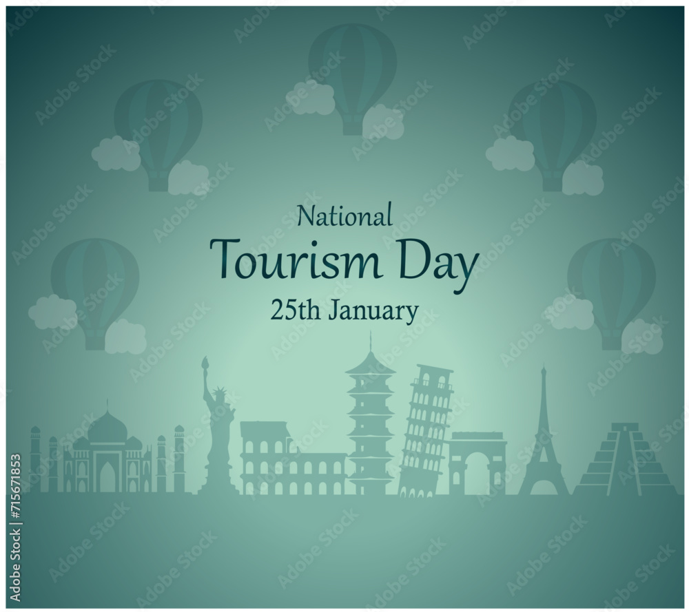 Editable vector illustrations of National Tourism Day social media posters, banners. The inscription on the globe. Around the monuments of architecture. Travel concept background. Tower and building.