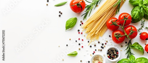 Spaghetti, fresh tomato, herbs, and spices. Composition of healthy food ingredients isolated on a white background, top view. Mock-up. Banner with a place for text