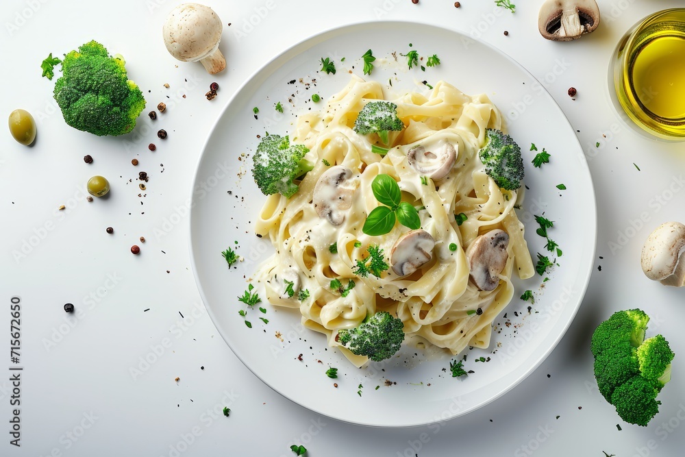 Traditional delicious Italian pasta with cream sauce, broccoli, mushrooms, and green olives on a white plate isolated on a white background. Close-up. Top-down view. Flat lay composition