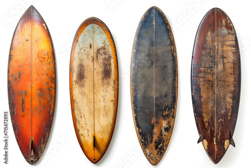Collection of vintage wooden fishboard surfboards isolated on white background, with clipping path. Retro styles and nostalgia. Suitable for beach and water sports-related content. photo