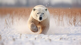 a polar bear running in a snowy field, landscape, photography lighting, movement