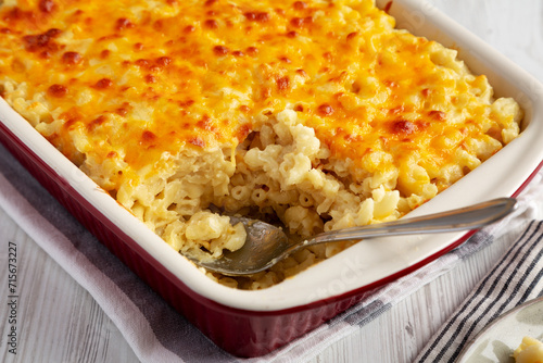Homemade Baked Mac and Cheese in a Baking Dish, side view.