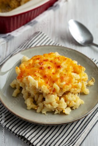 Homemade Baked Mac and Cheese on a Plate, side view.