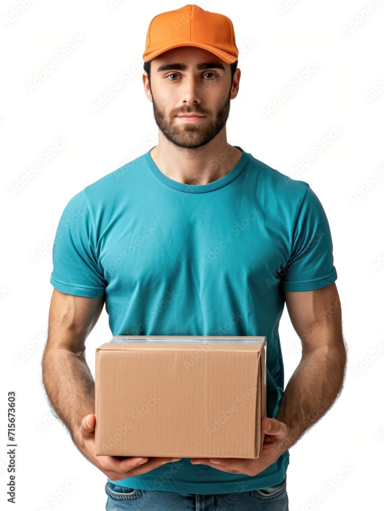 A man in a cyan shirt and orange baseball hat holding a cardboard box, delivery man image isolated on white background. A man in a cyan shirt and orange baseball hat holding a cardboard box, delivery man image isolated on white background.