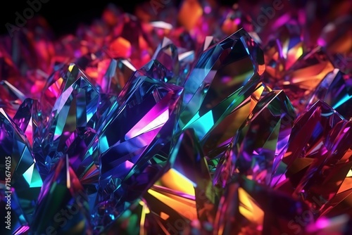 Vibrant crystal cluster with colorful light reflections, suitable for backgrounds or abstract designs.