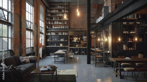 Interior Design Mockup: An industrial loft featuring exposed brick walls, concrete flooring, raw metal shelving, and Edison bulb lighting