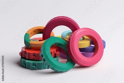 Colorful interlocking plastic rings on a white background.