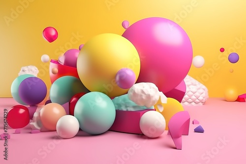 Colorful 3D rendered balloons and spheres on a pink and yellow background, suitable for festive or abstract concepts.