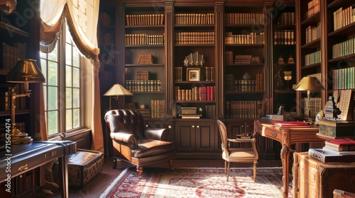 Interior Design Mockup: A traditional study with rich mahogany bookcases, a tufted leather armchair, a Persian rug, and brass lamp fixtures photo