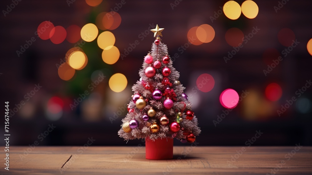 A charming miniature Christmas tree decorated with shiny red and gold baubles, set against a backdrop of warm bokeh lights.