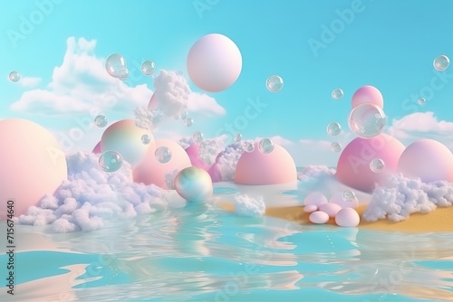 Abstract 3D render of pastel colored spheres and clouds on a tranquil water surface with a soft sky background.