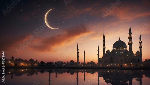 Mosque and crescent moon 