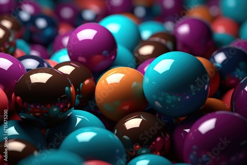 Colorful glossy spheres scattered on a dark surface, with reflections and highlights, depicting diversity or celebration.