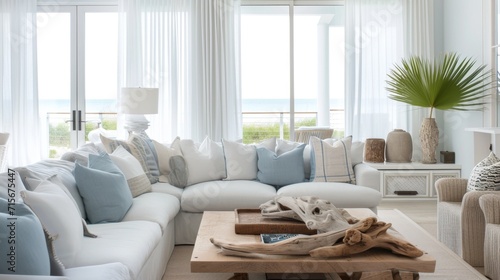 Interior Design Mockup: A coastal living room with soft blue and sand hues, relaxed linen upholstery, driftwood elements, and sheer white curtains photo