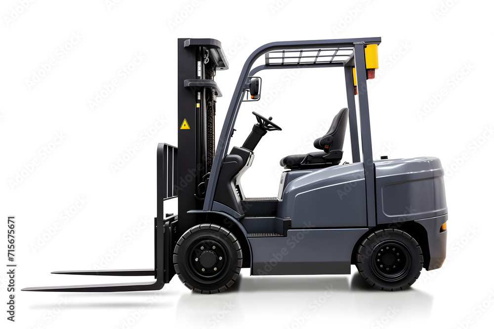 Forklift truck in a warehouse transporting cargo, with a back 3D illustration showcasing industrial transportation and storage equipment