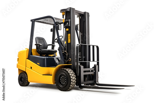 Forklift truck in a warehouse transporting cargo, with a yellow color 3D illustration showcasing industrial transportation and storage equipment