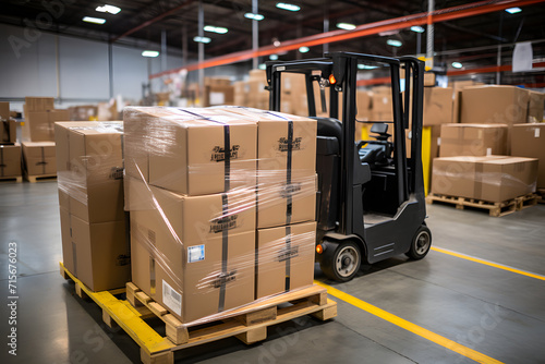 Forklift transporting boxes in a busy warehouse for efficient cargo loading and distribution in the industrial setting
