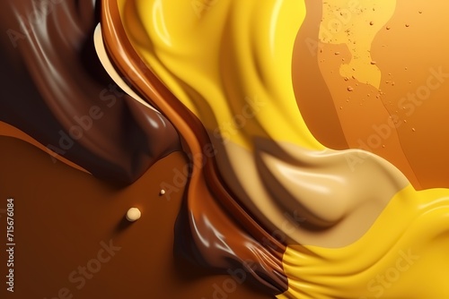 Abstract swirls of brown and yellow, resembling liquid chocolate and caramel, in a smooth and glossy flow. photo