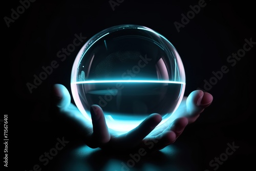 Crystal ball on illuminated stand with blue light on dark background.