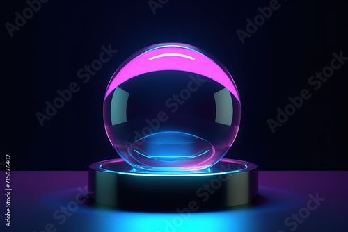 Crystal ball on illuminated stand with blue light on dark background.