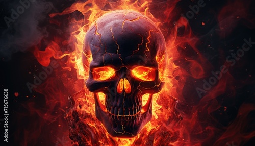 Burning skull with fire and flames