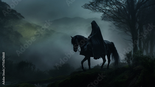 weather nazgul on the raven horse in night rainy forest 