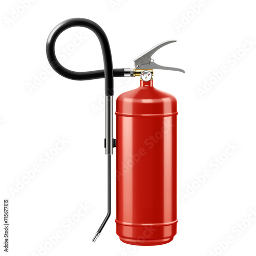 Wet Chemical Fire Extinguisher. Alarm signs, wet chemical co2. Red cylinder with spray hose. Portable fire extinguishing equipment. Realistic 3d vector illustration isolated on white background