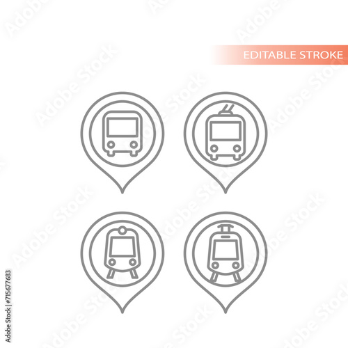 Bus and train station line vector icons. Subway and location map pin icon set.