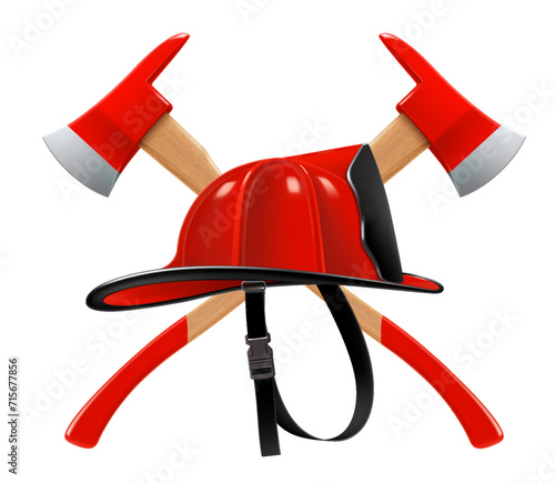 Firefighter helmet or red firefighter hat and two crossed axes isolated on white background. Realistic 3d vector illustration