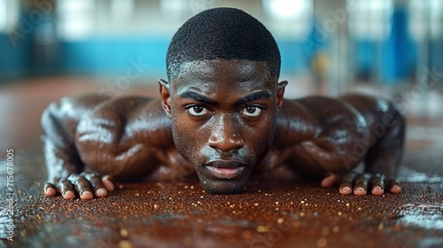 A muscular African-American athlete doing push-ups on gym floor. Black man exerting himself physically from a ground-level perspective. Concept of determination and strength. photo