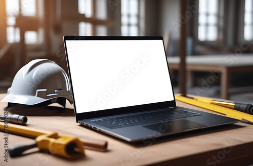 laptop with white background and construction items, helmet, text, construction concept, banner