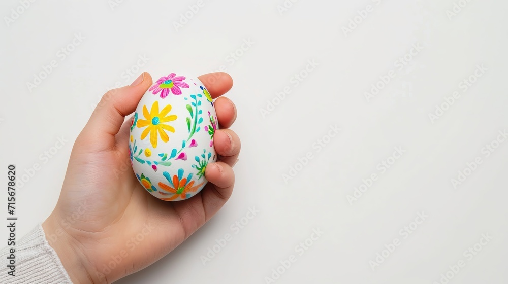 Both Kid hands holding one painting Easter eggs. Hand with egg isolated on white background. Easter holiday concept. Close up, selective focus Both Kid hands holding one painting Easter eggs. Hand with egg isolated on white background. Easter holiday concept. Close up, selective focus