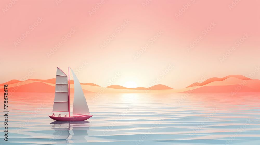 A lot of Background Copy space,  A solitary sailboat gliding on calm waters made in paper cut craft