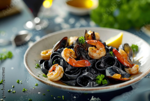 Black fettuccine with seafood and parsley on a plate on top of a black table