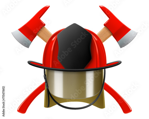Firefighter helmet or red firefighter hat and two crossed axes isolated on white background. Realistic 3d vector illustration