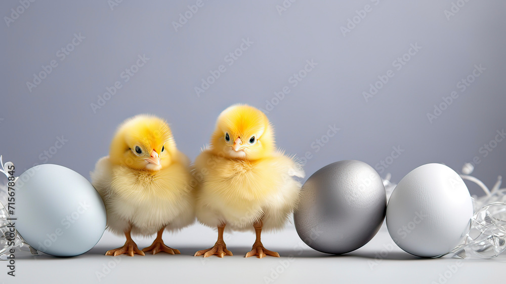 two yellow chicks with silver painted easter eggs