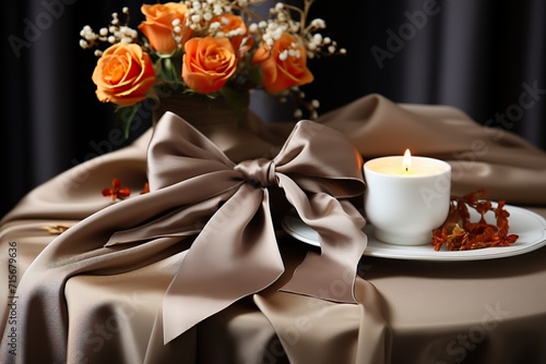 Taupe satin ribbon bow on draped fabric with candle and floral elements