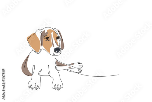Continuous one line drawing of dog. Single line silhouette of lying hunting breed puppy. Hand drawing of cute pet for design. Minimalist black linear sketch of pet with color shapes. Editable stroke