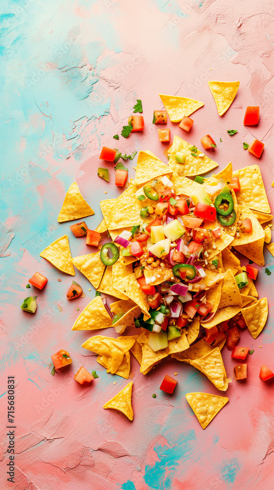 Mexican nachos chips with assorted sauces – guacamole, tomato salsa, chili, lime, and sour cream – on a stone table. Flat-lay, top view banner with copy space. Cinco de Mayo Snack.