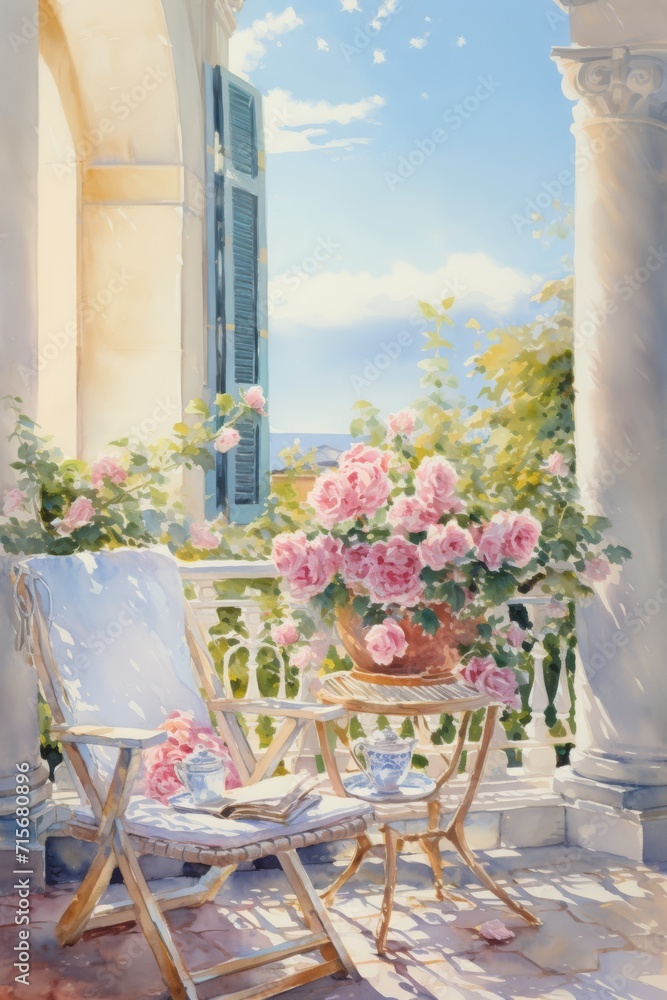Watercolor painting with a balcony full of climbing roses and a reading table in the full sunlight of spring