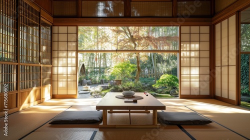 Slika na platnu Interior Design Mockup: A Japanese-style tea room with tatami mats, sliding shoj