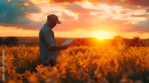 person working on laptop at sunset, a man in a hat is holding a tablet in a field of grass and a sunset behind him