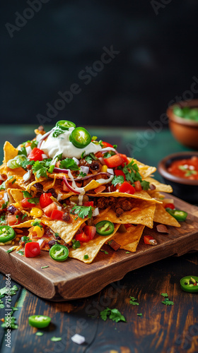 Mexican nachos chips with assorted sauces     guacamole  tomato salsa  chili  lime  and sour cream     on a stone table. Flat-lay  top view banner with copy space. Cinco de Mayo Snack.